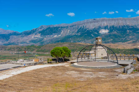 Stage hosting international folklore festival inside of Gjirokaster castle in Albaniaのeditorial素材