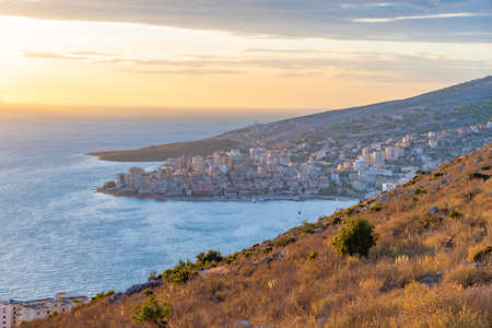 Sunset aerial view of Sarande, Albaniaのeditorial素材