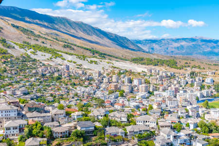 Aerial view of the old town of Gjirokaster, Albaniaのeditorial素材