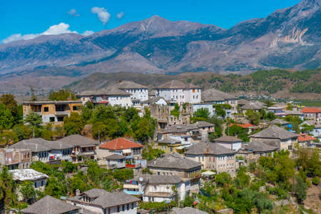 Aerial view of the old town of Gjirokaster, Albaniaのeditorial素材