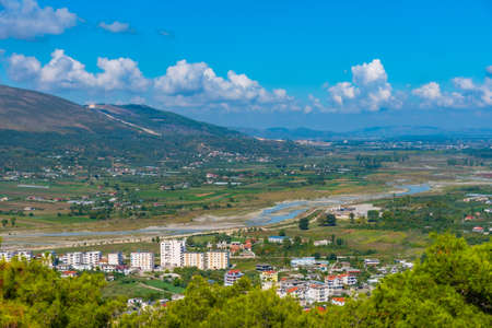 Aerial view of Osum river in Berat, Albaniaのeditorial素材