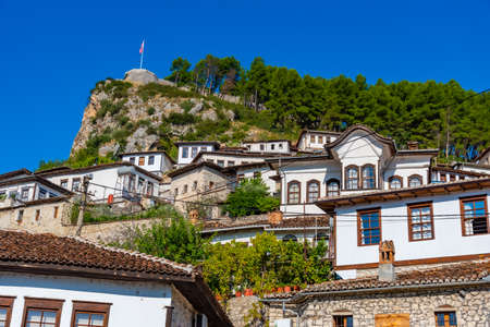 Berat castle viewed from boulevard Republika in Albania