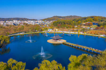 Aerial view of Gungnamji pond in Buyeo, Republic of Koreaの写真素材