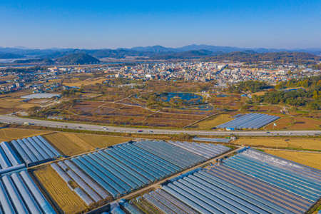 Aerial view of greenhouses in Buyeo, Republic of Koreaの写真素材