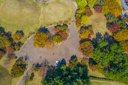 Aerial view of Tumuli park containing several royal tombs in Gyeongju, Republic of Koreaの写真素材