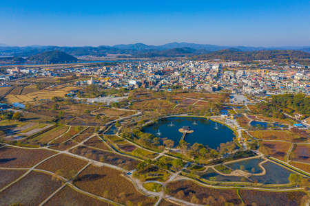 Aerial view of Gungnamji pond in Buyeo, Republic of Koreaの写真素材