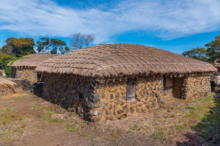 Traditional houses at Seongeup folk village at Jeju island, Republic of Koreaの写真素材