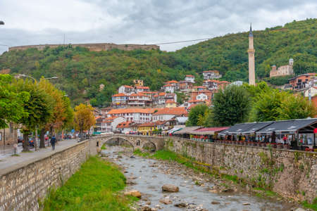 PRIZREN, KOSOVO, SEPTEMBER 19, 2019: Riverside of Bistrica river in center of Prizren, Kosovoのeditorial素材