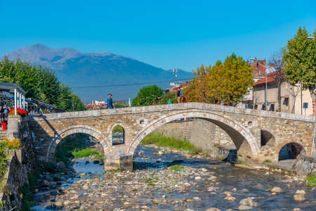 Riverside of Bistrica river in center of Prizren, Kosovoのeditorial素材