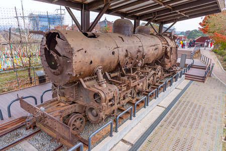 View of a destroyed locomotive at Imjingak, Republic of Korea