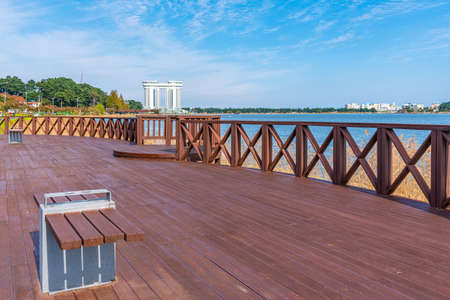 Lakeside promenade alongside Gyeongpo lake in Gangneung, Republic of Korea