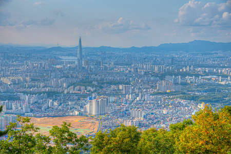 Downtown Seoul with Lotte tower viewed from Namhansanseong fortress, Republic of Korea