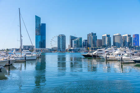 Boats mooring at docklands neighborhood of Melbourne, Australiaの写真素材