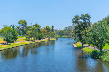Park alongside Torrens river in Adelaide, Australiaの写真素材