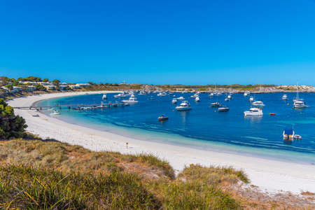 Boats mooring at Geordie bay at Rottnest island in Australiaの写真素材