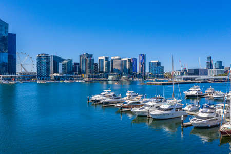 Highrise buildings at docklands neighborhood of Melbourne, Australiaの写真素材