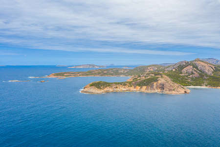Aerial view of Hellfire bay near Esperance viewed during a cloudy day, Australiaの写真素材