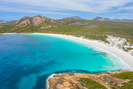 Aerial view of Hellfire bay near Esperance viewed during a cloudy day, Australiaの写真素材
