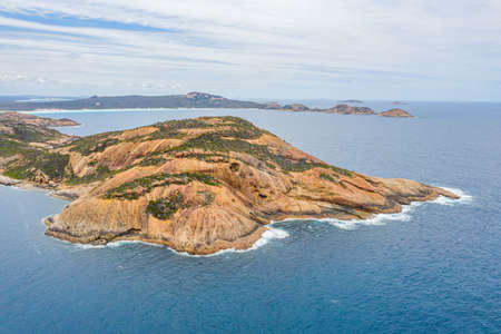 Aerial view of Hellfire bay near Esperance viewed during a cloudy day, Australiaの写真素材