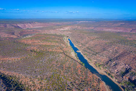 Aerial view of Murchison river reaching the loop at Kalbarri national park in Australiaの写真素材