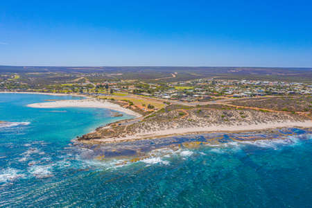 Aerial view of confluence of Murchison river with Indian ocean at Kalbarri, Australiaの写真素材