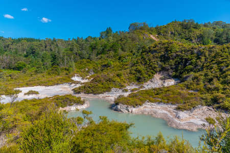 Geothermal landscape of Rotorua at Te Puia center for Maori culture, New Zealandの写真素材