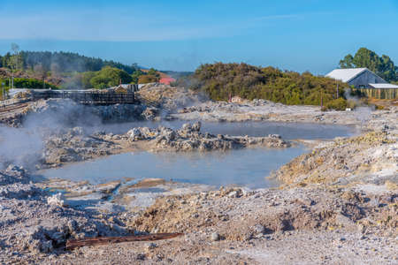 Hot pools at Hell's Gate Geothermal Reserve in New Zealand