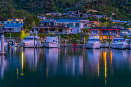 Sunset view over marina in Picton, New Zealandの写真素材