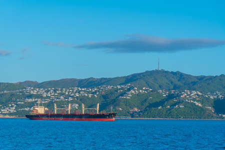 Tanker heading to port of Wellington, New Zealandの写真素材