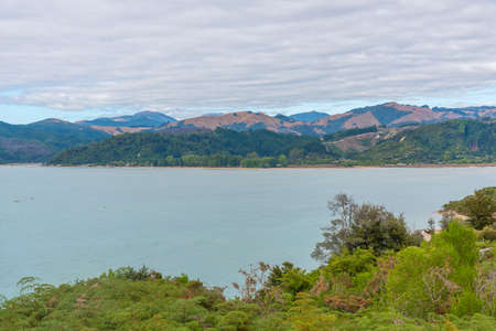 Aerial view of coastline of Abel Tasman national park in New Zealand