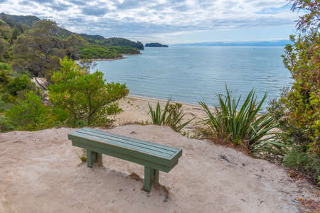 Bench overlooking a beach at Abel Tasman national park in New Zealandの写真素材