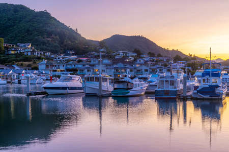 Sunset view over marina in Picton, New Zealandの写真素材