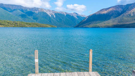 Wooden pier at lake Rotoiti in New Zealandの写真素材