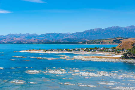 Aerial view of a fishing village at South bay in Kaikoura, New Zealandの写真素材