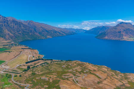 Panorama of Wakatipu lake in New Zealandの写真素材
