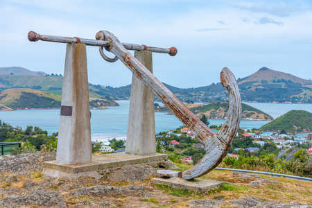 Sculpture of an anchor over Port Chalmers in New Zealandの写真素材
