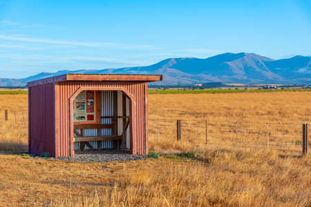 Information booth on course of Central Otago Railway bicycle trail in New Zealandのeditorial素材