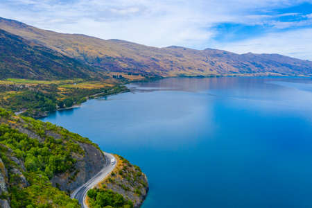 Aerial view of Wakatipu lake in New Zealandの写真素材