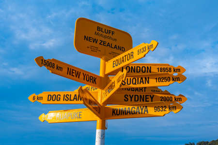 Distance sign situated at Stirling point at New Zealandの写真素材