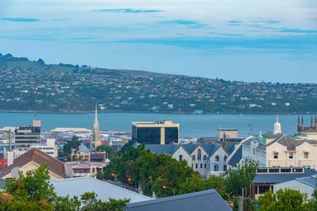 Aerial view of downtown Dunedin, New Zealandの写真素材