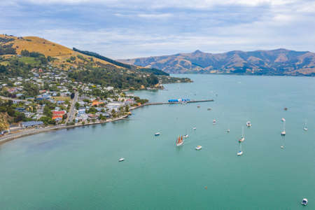 Aerial view of waterfront of Akaroa, New Zealandの写真素材