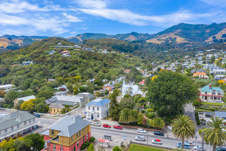 Aerial view of Akaroa, New Zealandの写真素材