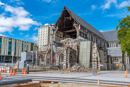 View of collapsed cathedral in Christchurch, New Zealandの写真素材