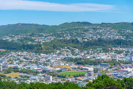 Aerial view of Basin reserve stadium, Dominion Museum Building and National War Memorial hall of Memories at Wellington, New Zealandのeditorial素材