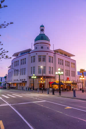 NAPIER, NEW ZEALAND, FEBRUARY 10, 2020: Night view of historical buildings in the center of Napier, New Zealandの写真素材