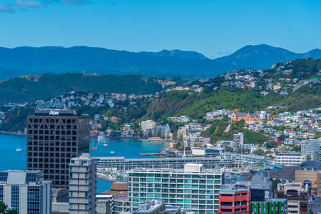 WELLINGTON, NEW ZEALAND, FEBRUARY 9, 2020: Skyline of Wellington from Wellington botanic gardens, New Zealandの写真素材