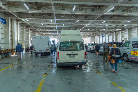 INTERISLANDER, NEW ZEALAND, FEBRUARY 8, 2020: Cars parked at Interislander ferry in New Zealand