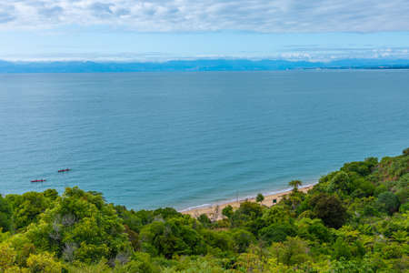 Aerial view of Coquille bay at Abel Tasman national park in New Zealandのeditorial素材