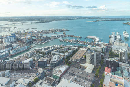 Sunset aerial view of waterfront of Auckland from Sky tower, New Zealandのeditorial素材