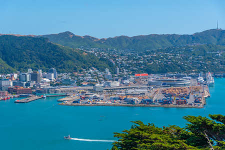 Aerial view of container port in Wellington, New Zealandのeditorial素材